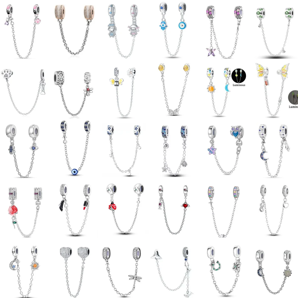 925 Silver Charms Fit Original Bracelet Women Jewelry Gift Shiny Butterfly Star Moon Love Heart Clamp Beads safety chain Pendant