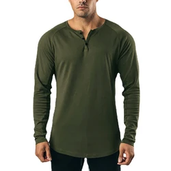 Plain Mens Casual Hip Hop Tops Slim Fit Long Sleeve V-neck T-Shirt Gym Bodybuilding Sport Cotton Shirts Fitness Muscle Clothing