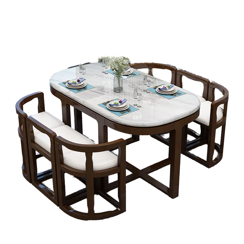 *Factory Direct Sale Modern Extendable Dining Table Chair Set Marble Top Solid Wood Legs Oval 6-Seater Home Furniture Hotel Smal