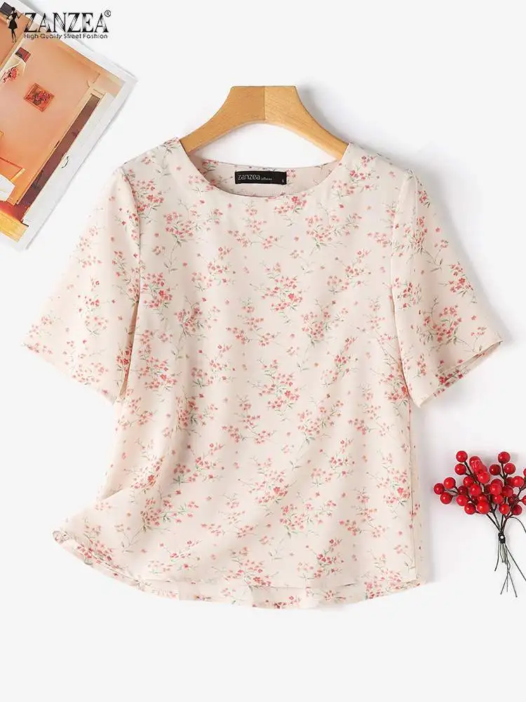 ZANZEA 2024 Summer Bohemian Blouses Casual Elegant Women O-neck Blusas Mujer Short Sleeve Floral Printed Holiday T-shirts