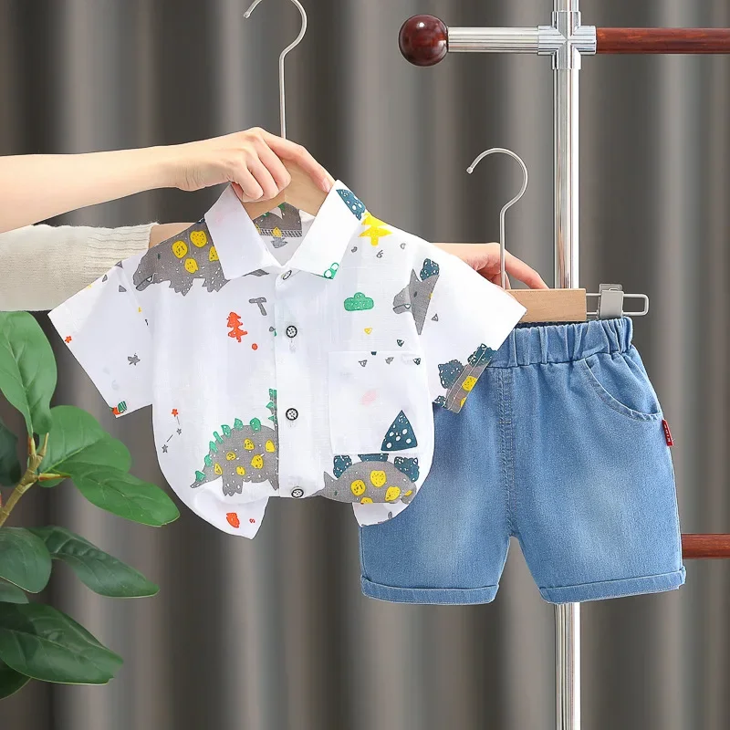 Nueva ropa para bebés, trajes de verano para niños de 9 a 12 meses, camisas y pantalones cortos de manga corta con estampado de dinosaurio bonito, traje para niños