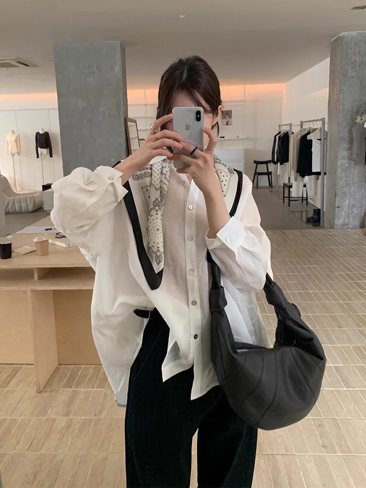 

Chic Autumn New Loose Women's Long Sve irt Ba Button Design Breathable Micro Transparent Ba Split Design Commute Sle