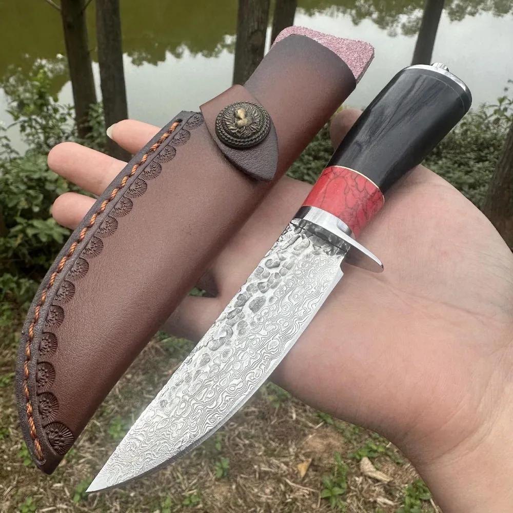 Outdoor straight knife Damascus VG10 hammer mirror blade cow bone handle cowhide knife set collection of high-quality knives