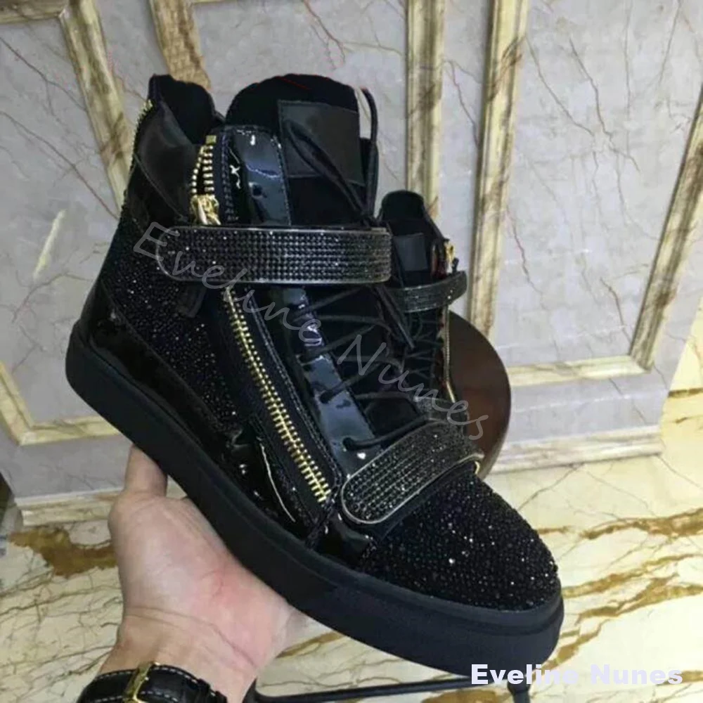 Punk Metal Decoration High-top Sneakers Men Round Toe Platform Double-zipper Lace Up Sneakers Fashion Crocodile Leather Shoes