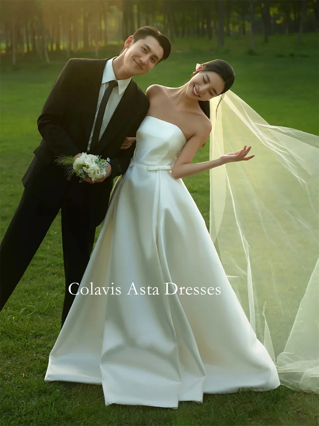 

Colavis Asta Elegant Wedding Dresses Strapless 프롬드레스 Korea Satin A-Line Photoshoot Outdoor Bride Gowns Party Women Bride