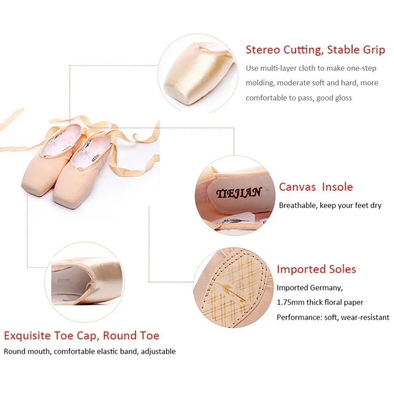TIEJIAN Scarpe da punta per balletto professionale Tela Raso Rosa Nero Rosso Scarpe da ballerina per spettacoli di danza con puntale per balletto