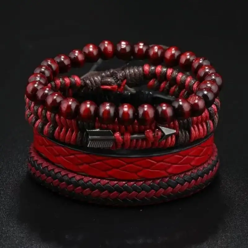 4Pcs/Set Fashion Vintage Men's Leather Bracelet Cupid's Arrow Wooden Beaded Leather Hand Woven Retro Fashion Bracelets For Men