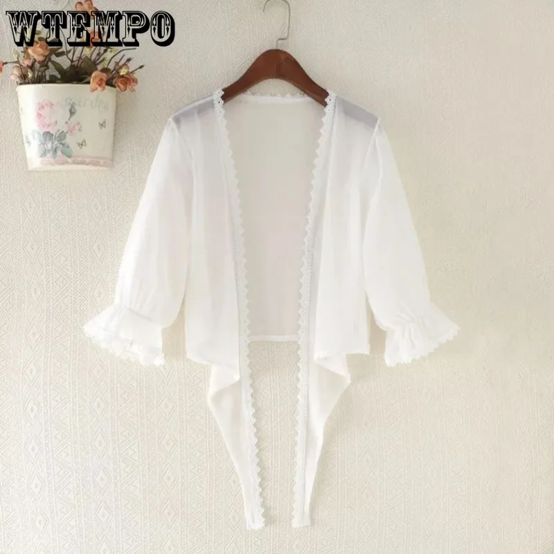 Chiffon Cardigan White Transparent Mesh Shawl Pagoda Sleeve Women Sun Protection Clothing Short Thin Coat Summer Matching Straps