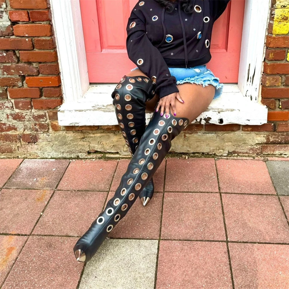 كعب دائري المعادن العيينة الأحذية مصمم فاسق نمط الإفراط في الركبة الأحذية السوداء بولي Leather جلد الذهب وأشار الأحذية تخصيص الألوان #3