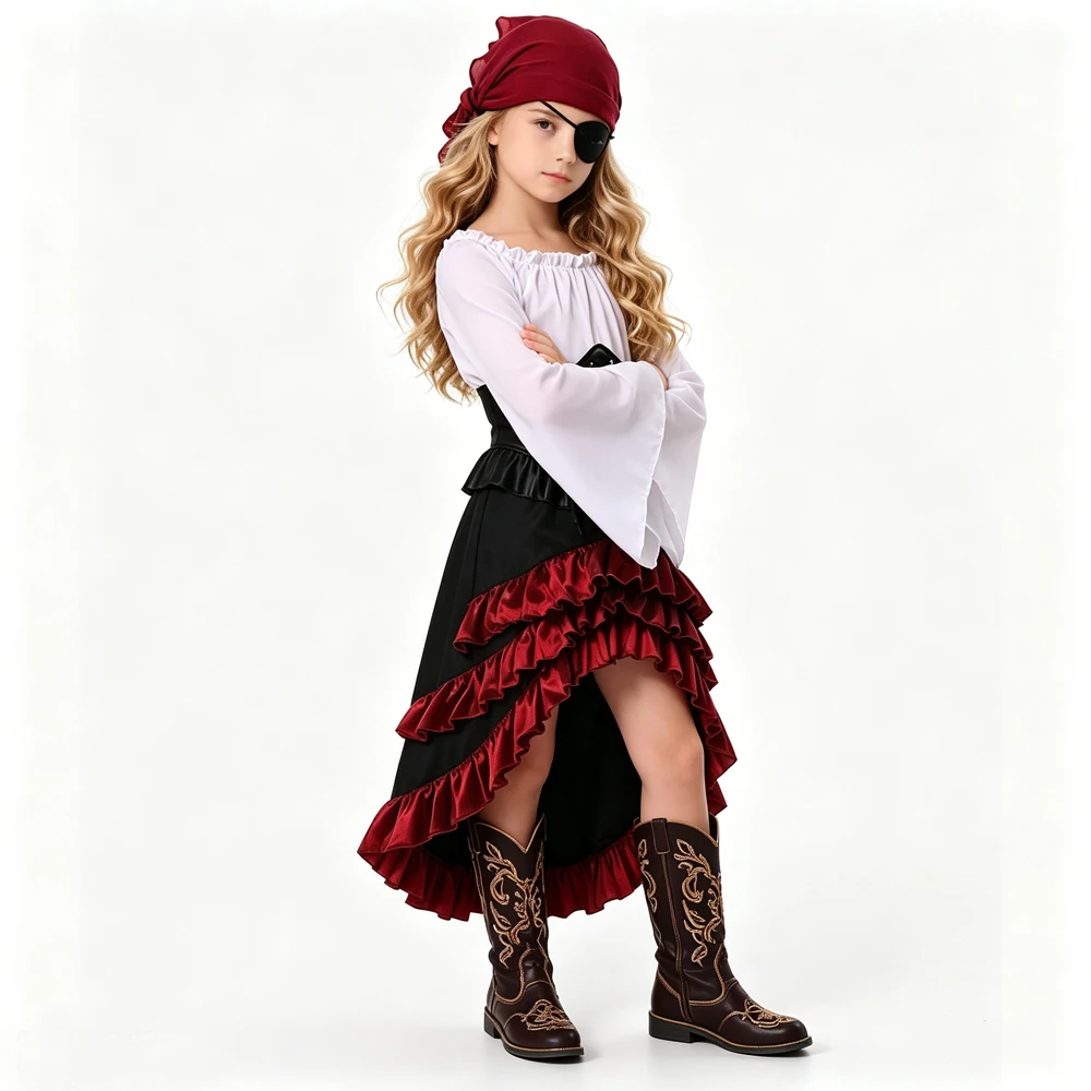Girls Pirate Costume Halloween Cosplay Party Kids Vintage Caribbean Pirate Outfit Retro Off Shoulder Bell Sleeve Corset Dresses