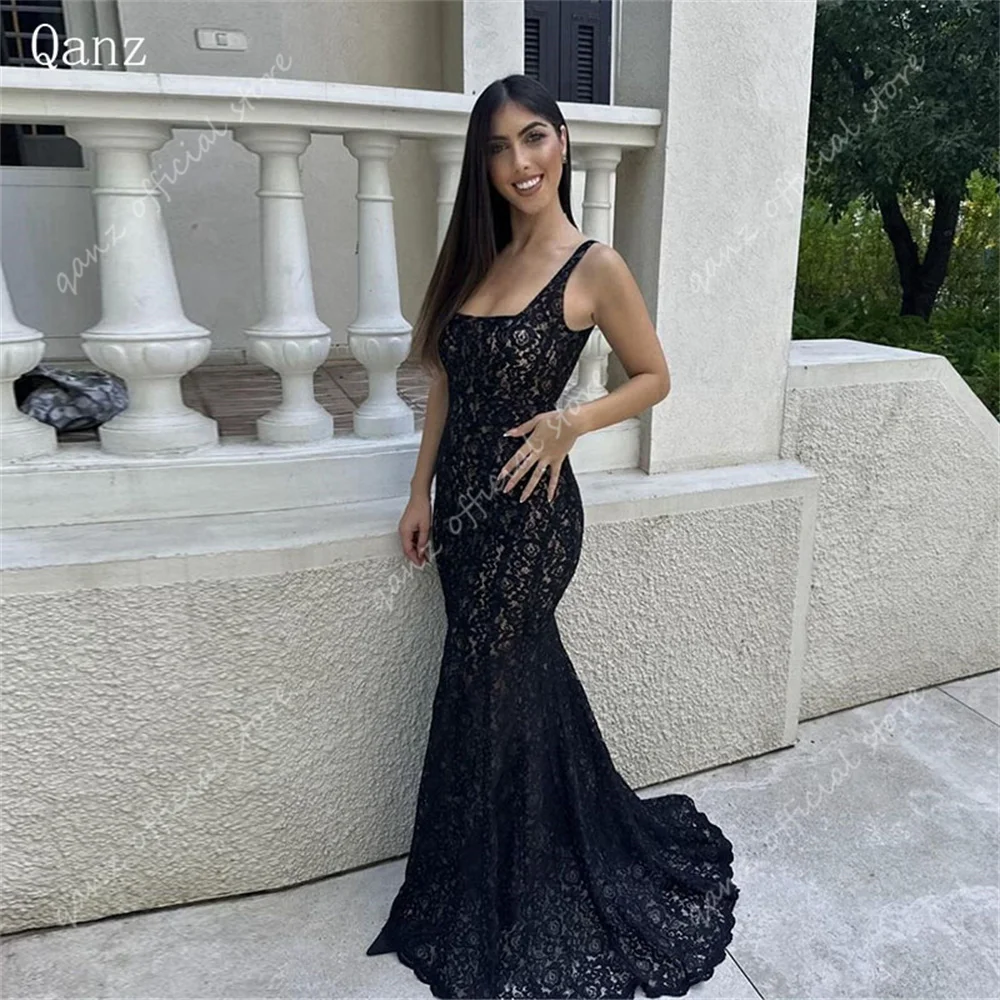 Qanz Lace Evening Dresses Spaghetti Straps Vestidos Para Eventos Especiales Mermaid Backless Sexy Dresses for Women Customized