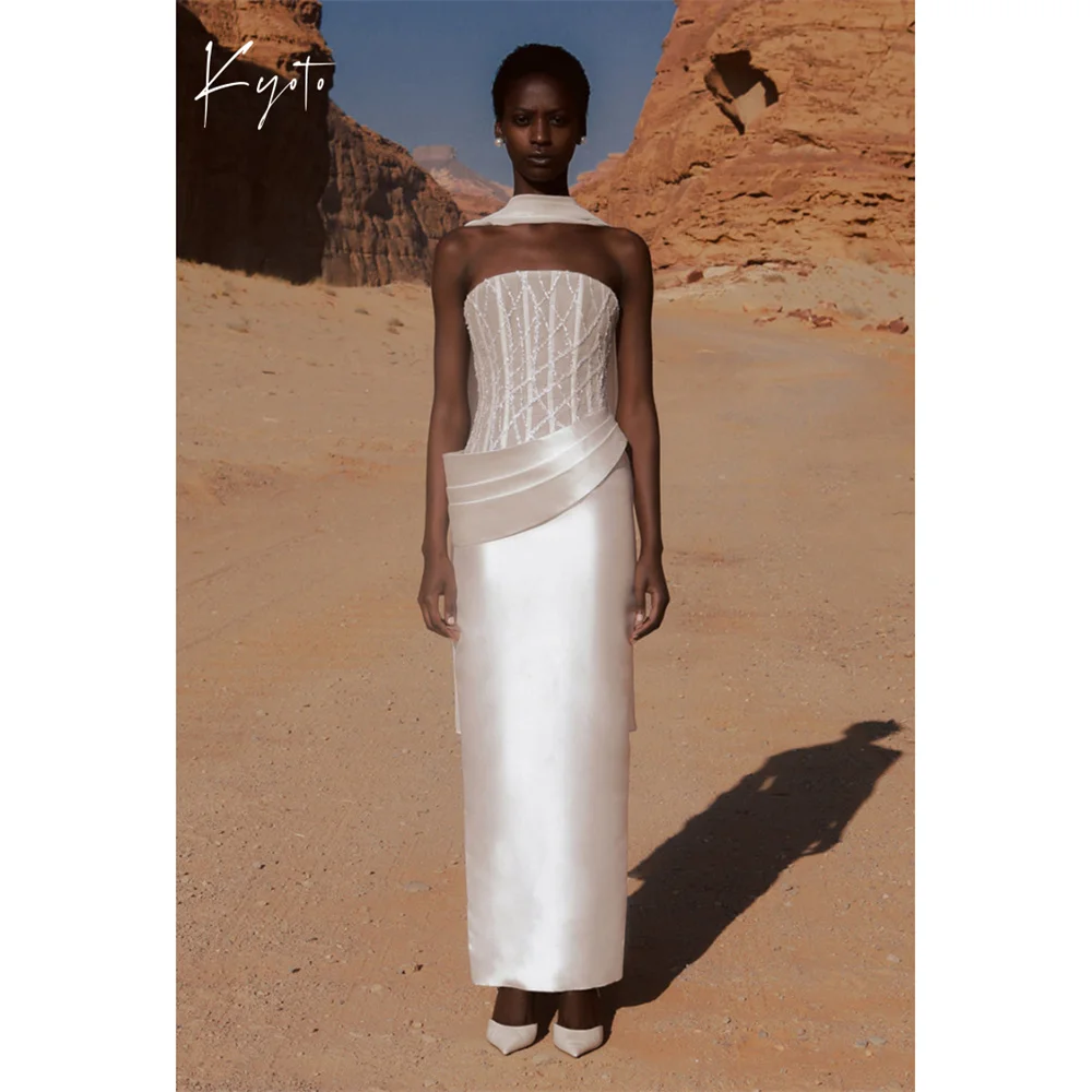 

Kyoto Customized Beaded Corset Shiny Neck StrapWeddingDress Column Off Shoulder فستان زفاف Ankle-lengthAbito da sposa