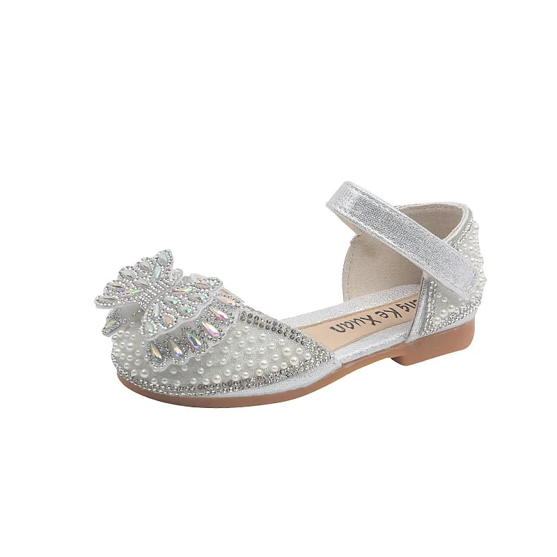 Little Girl Sequin Sandals Summer New Rhinestone Bow Princess Sandals Fashion Bling Kids Wedding Soft Flat Sandals Size 21-36