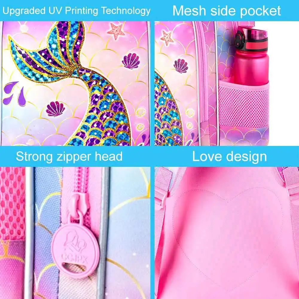 3PCS Mermaid Backpack, Water Resistant Girls Bookbag Set with Lunch Box?Cute Kids Elementary School Bag for Preschool Toddler