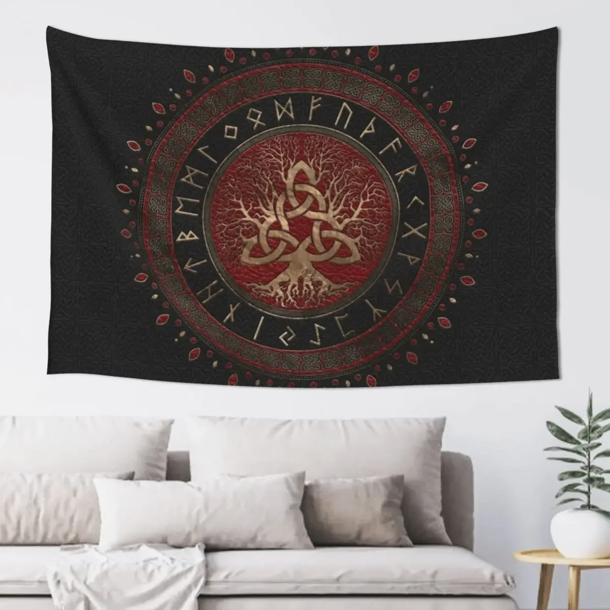 Tree of life with Triquetra Black Red Leather and gold Tapestry Decor Home House Decorations Bathroom Decor Tapestry