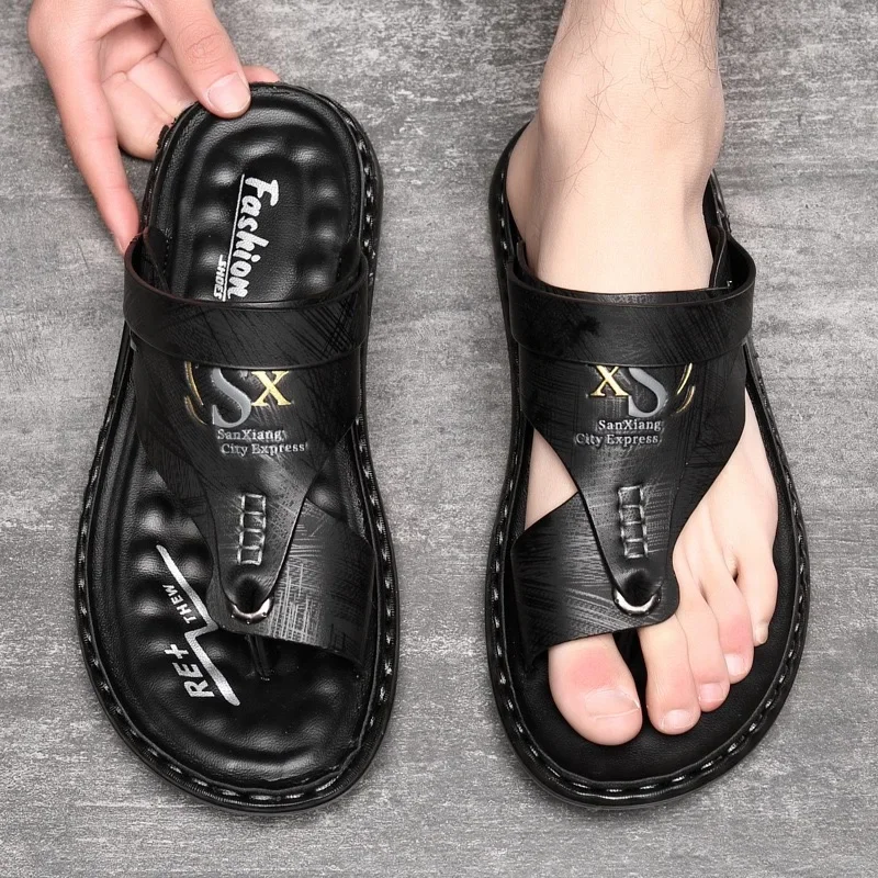 

Men's Sandals Luxury Brand Leather Slippers Outoor Casual Flat Sandals Summer Open Toe Beach Shoes for Men Flip-flops Sandalias