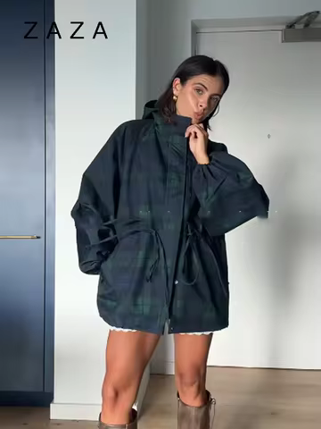 Women Vintage Grid Loose Jacket Oversize Loose Stand Collar Coat Long Sleeve Hoodie Lace Up Outwears 2025 New Lady Streetwears