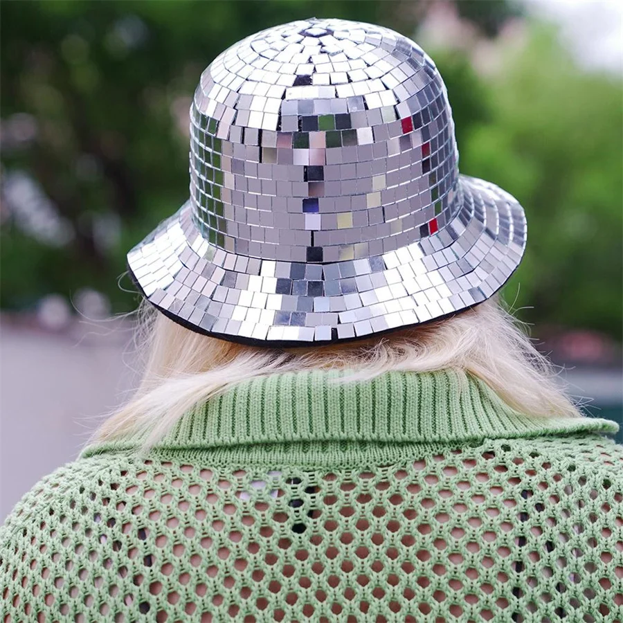 Glitter Mirror Disco Bucket Hat Stunning Disco Ball Hats Glitter Sequins Bucket Hat Cap for Club Stage Bar Party Dance Decor