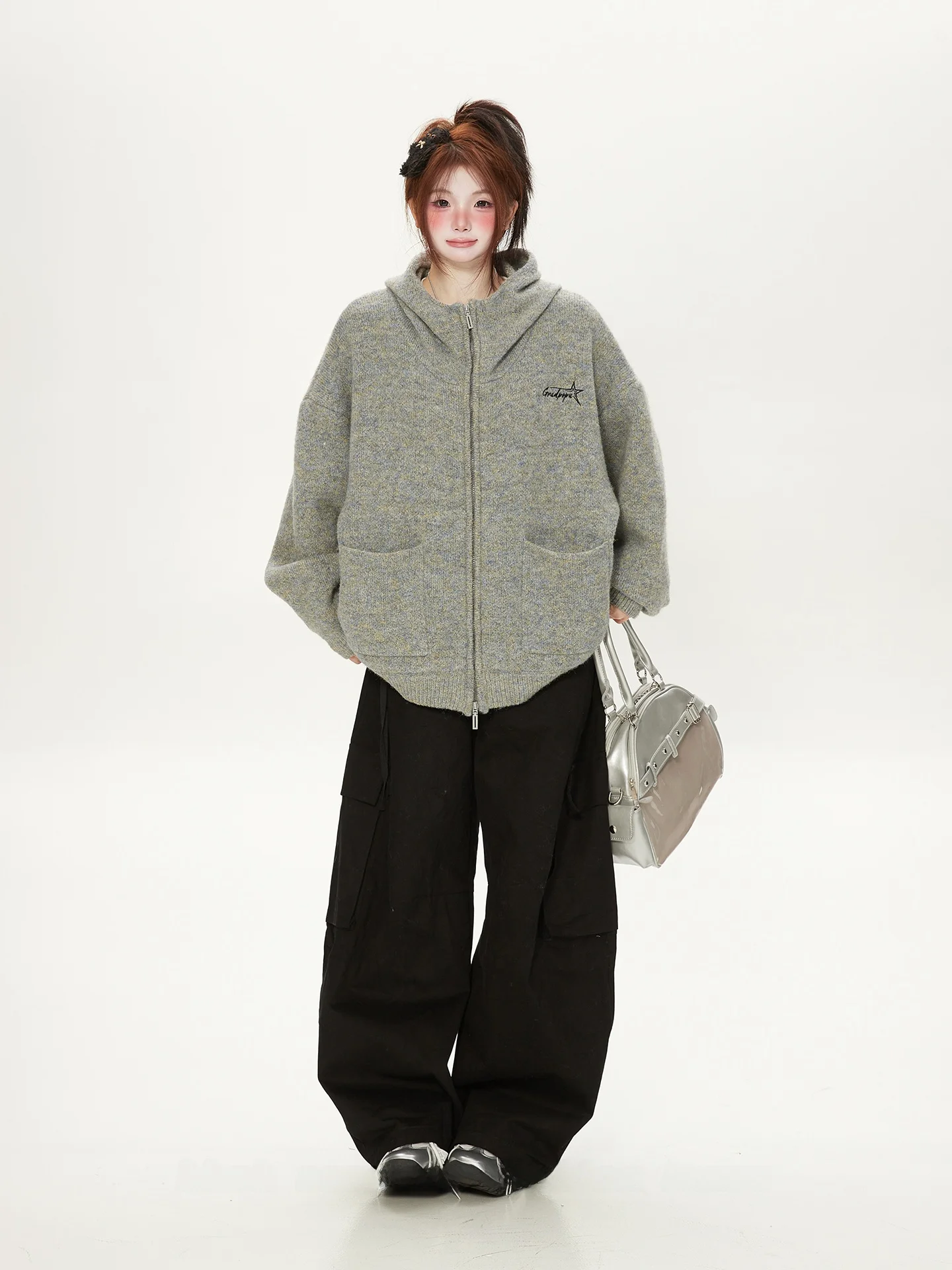 

American Retro Lazy Hoodie Knitted Sweater Women Loose Couple Mixed Color Sweater Coat Autumn Winter New 2025 Sle