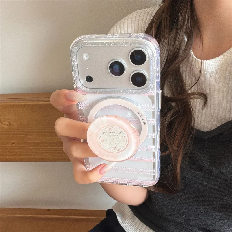 

Korean Lace Flower Stripes Magnetic Phone Case For iPhone 17 Pro 15 16 Pro Max Back Cover with Stand Shockproof Cute Cases For G