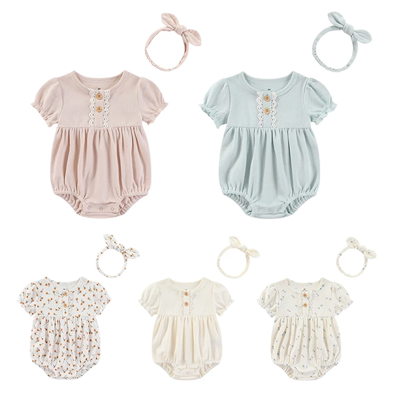 Baby Girl Jumpsuit Cotton Bodysuit +Headband Lace 6-24M Newborn Baby Girl Clothes Sets Summer Short Sleeve Solid Color Bebes