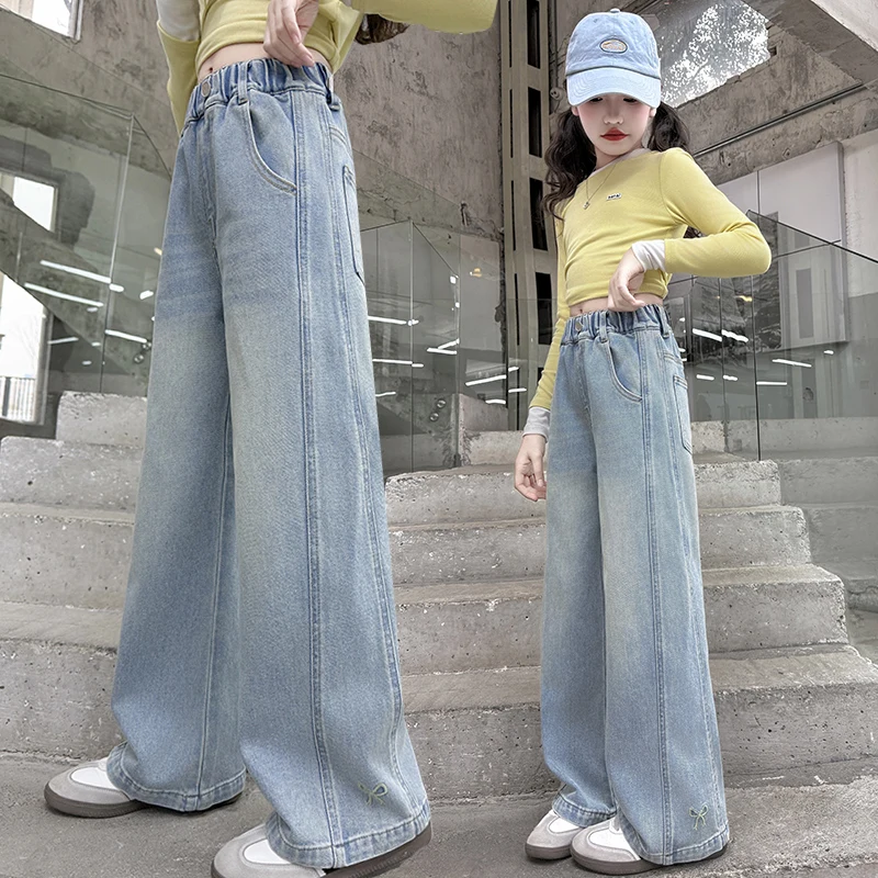 

Baby Girls Jeans Tween Girl Straight Denim Teenage Vintage Trousers Toddler Girl Casual Long Pants Kids Softy Trousers Age 4-14Y