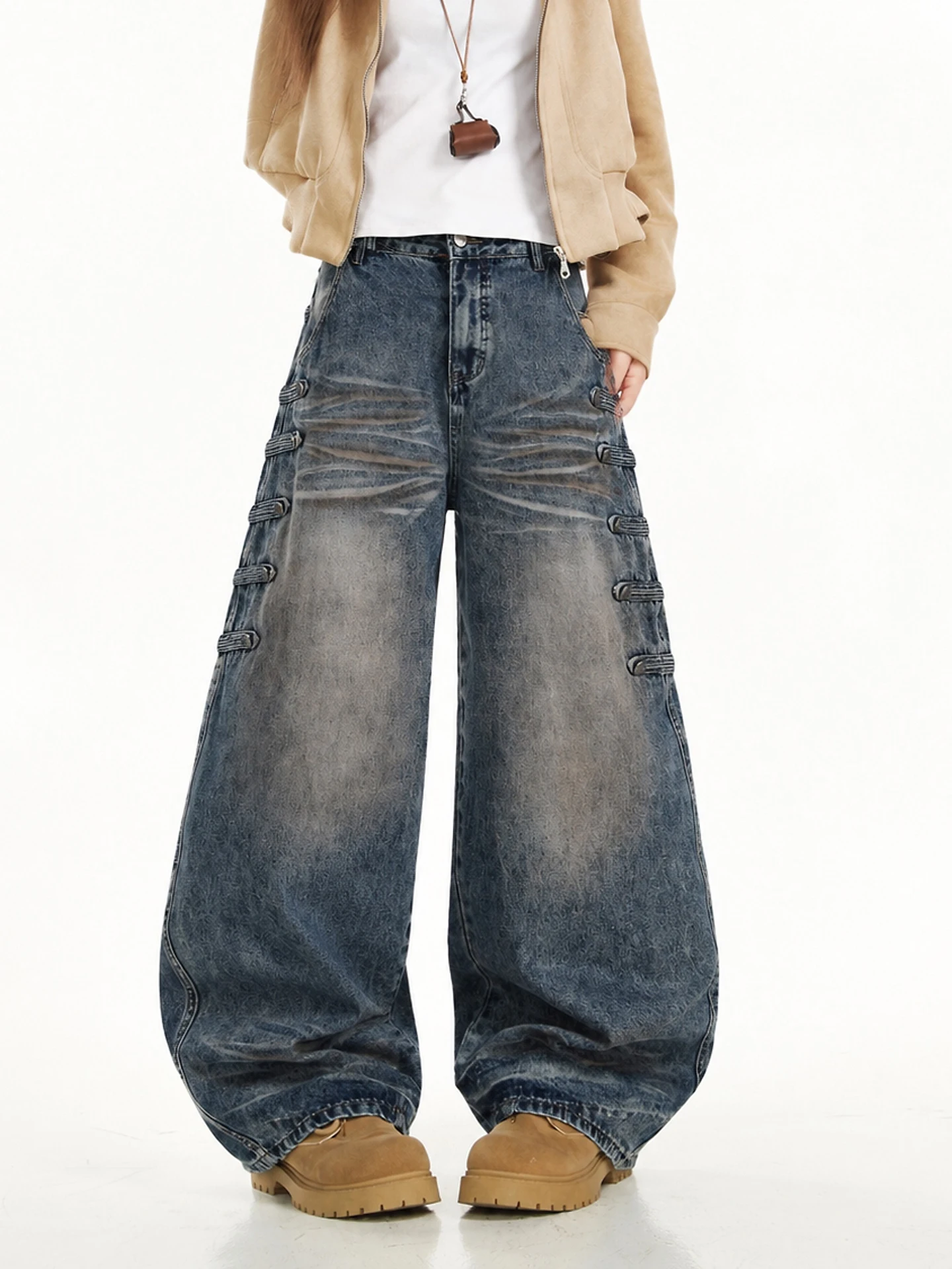 Ant Vintage Faded Wide Leg Jeans Women High Waist Loose Long Pants Casual Cotton Straight Tube Trousers mid Rise Zipper Fly