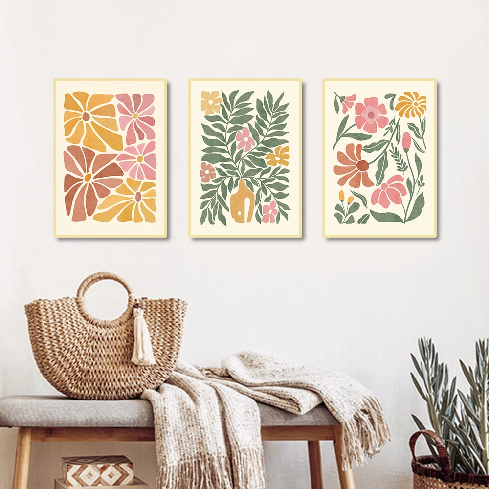 

3PCS/Sets Boho Abstract Botanical Floral Art Poster Canvas Printing Flower Market Vintage Painting Minimalist Wall Home Decor
