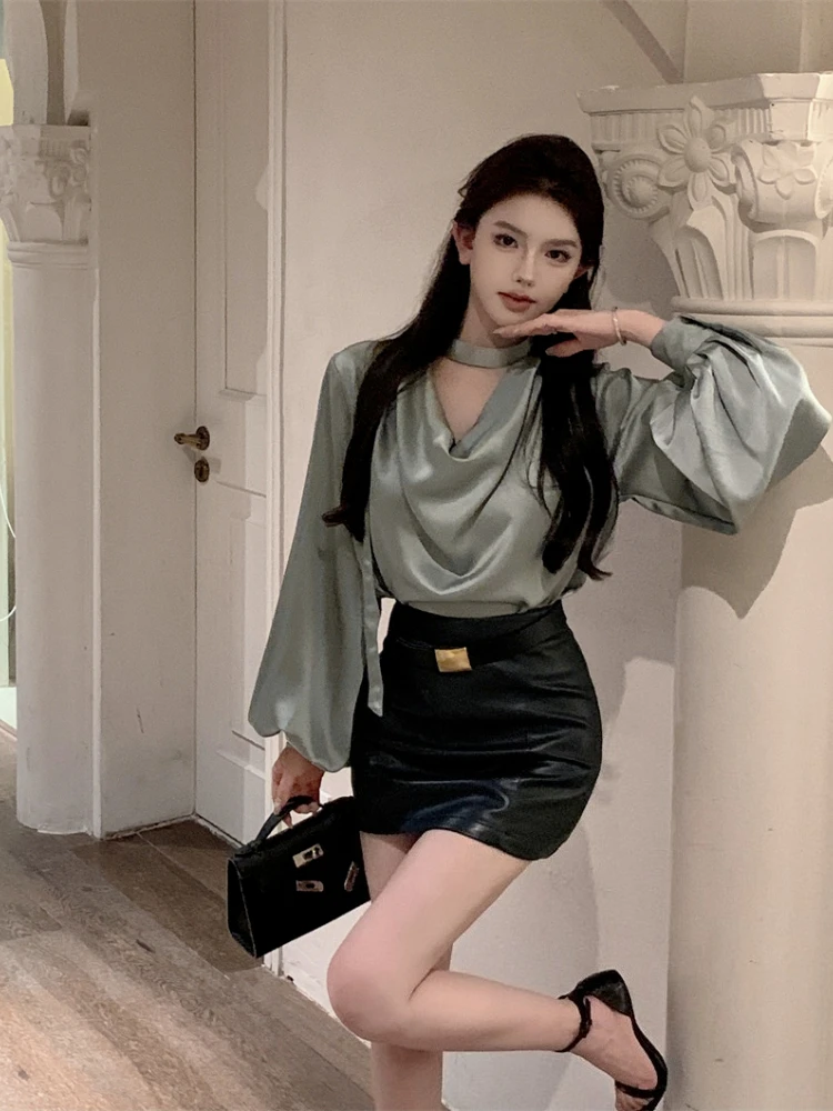 

Women's Light Green Long Sleeve Draped Collar Blouse Skirt Set French Style Elegant Outfit for Spring Summer