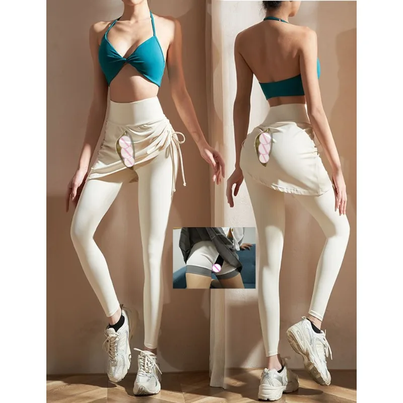 

2 in1 Yoga Pants Skirt Open Crotch Outdoor Sex Pants Peach Hip Push Up Leggings Women Sports High Waist Fitness Joggers Bottoms