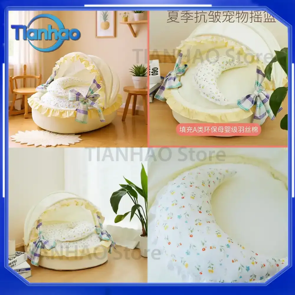 Cotton Pet Bed for Dogs and Cats with Linen-Like Wrinkle-Resistant Floral Pattern Minimalist Removable Washable Cradle Bed
