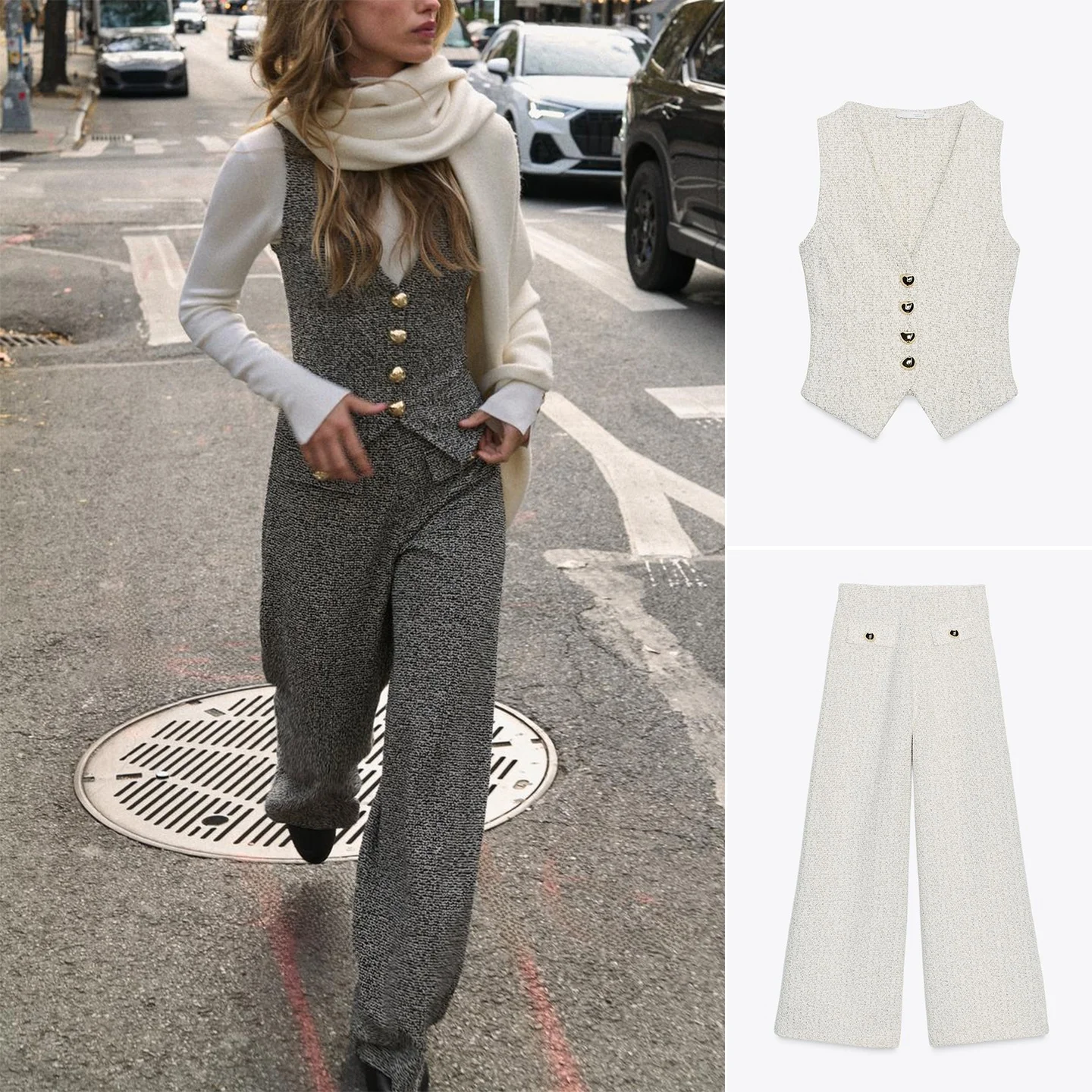 

Жилет с текстурой V-Ne Svel, длинные широкие брюки, женский модный комплект, повседневная длина, однотонная осенняя одежда