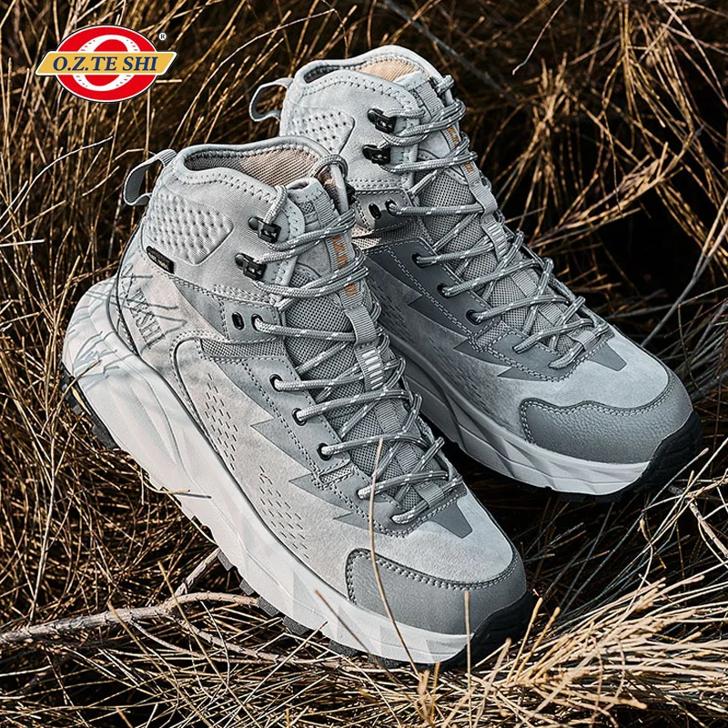 O.Z.TESHI Cow Leather Hiking boots Men waterproof hunting shoes Tactical Desert Combat Ankle Boots Male casual mountian Sneakers