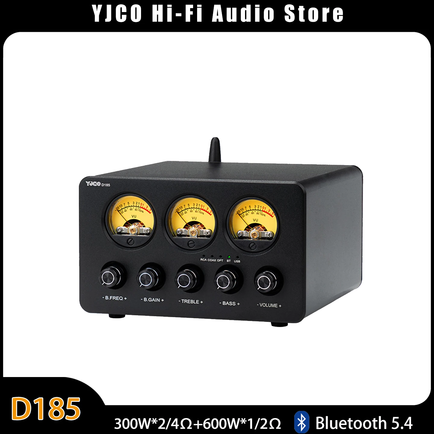 YJCO D185 2.1 Channel HIFI Decoder Power Amplifier TPA3255 Bluetooth5.4 USB Optical Coax VU Meter 300W*2+600W Subwoofer Digital