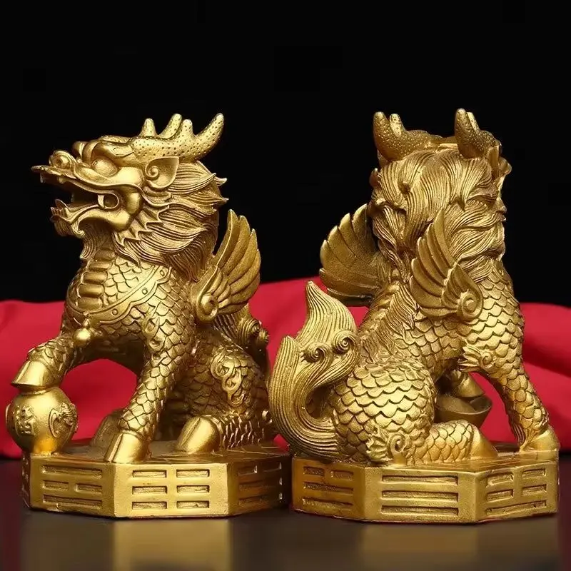 

11"Tibetan Temple Collection Old Brass Robot Unicorn Attack Kylin Statue A Pair Amass wealth Ornaments Town house Exorcism