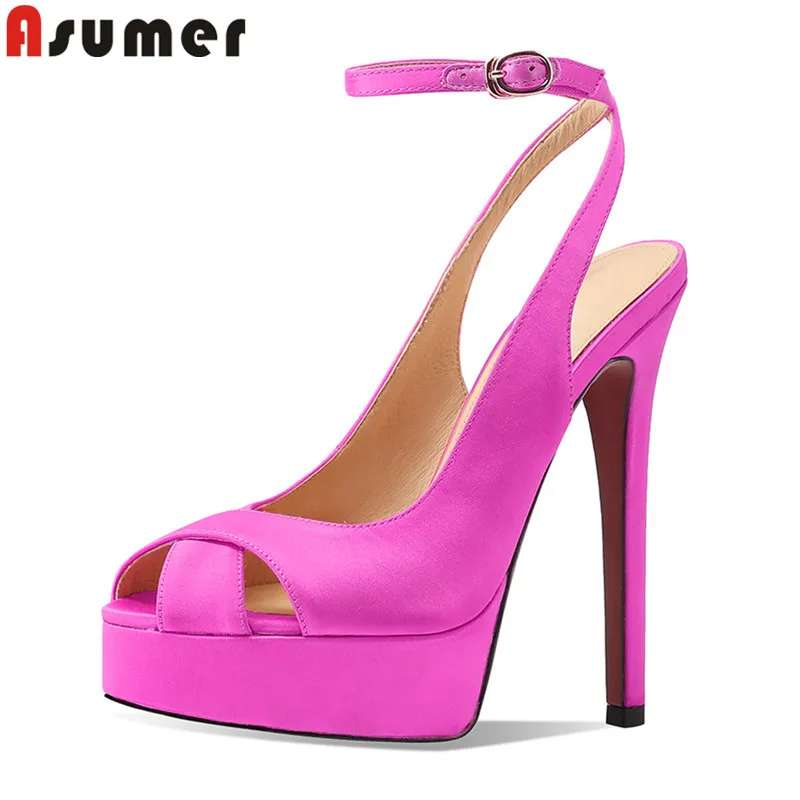 

ASUMER 2024 New Silk Women Sandals Peep Toe 14CM Ultra Stilettos High Heels Party Wedding Shoes Sexy Platform Prom Lady Shoes