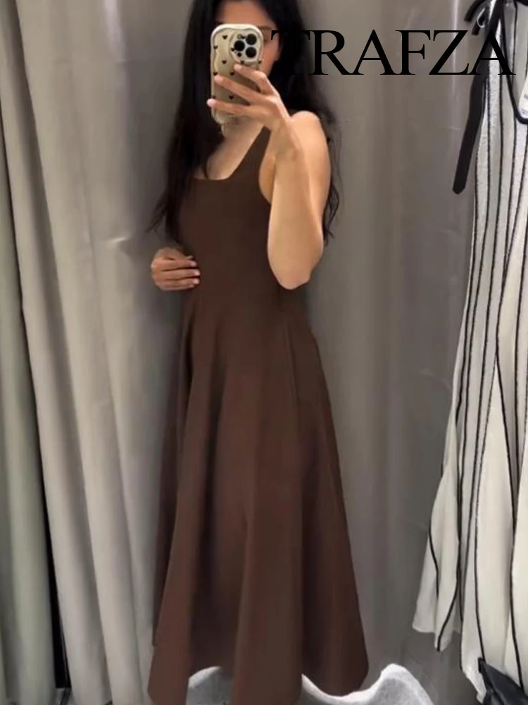 

HH Women Summer High Street Sleeveless Long Dress Square Collar Belt Decoration Zipper Female Fashion Backless Solid Dresses