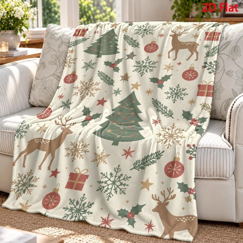 Neutral Christmas Reindeer Snowflake Pine Print Fleece Throw Blanket Soft Warm Lightweight Blanket for Sofa Bed Couch Vintage