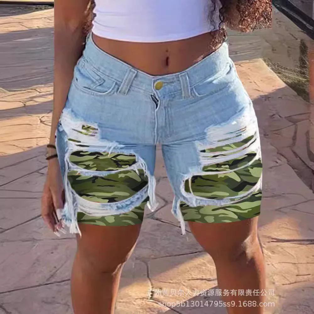 2025 American European Summer New Fashion Women's Slim Knee Length Hole Patched Denim Shorts Female Casual Trendy Denim Clothes