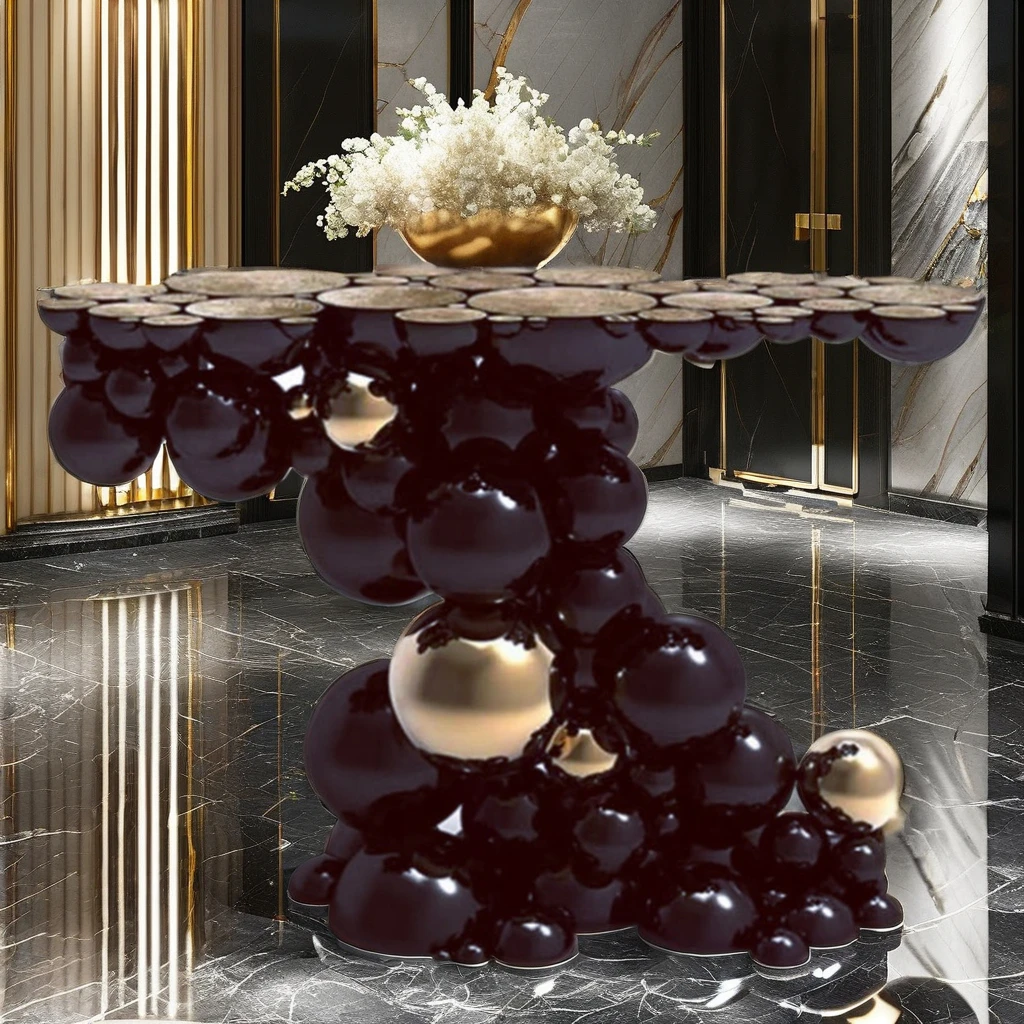 Contemporary Modern Hand Carved Stainless Steel Console Table Upscale Black Lacquered Gold Accents Entry Hotel Home Villa