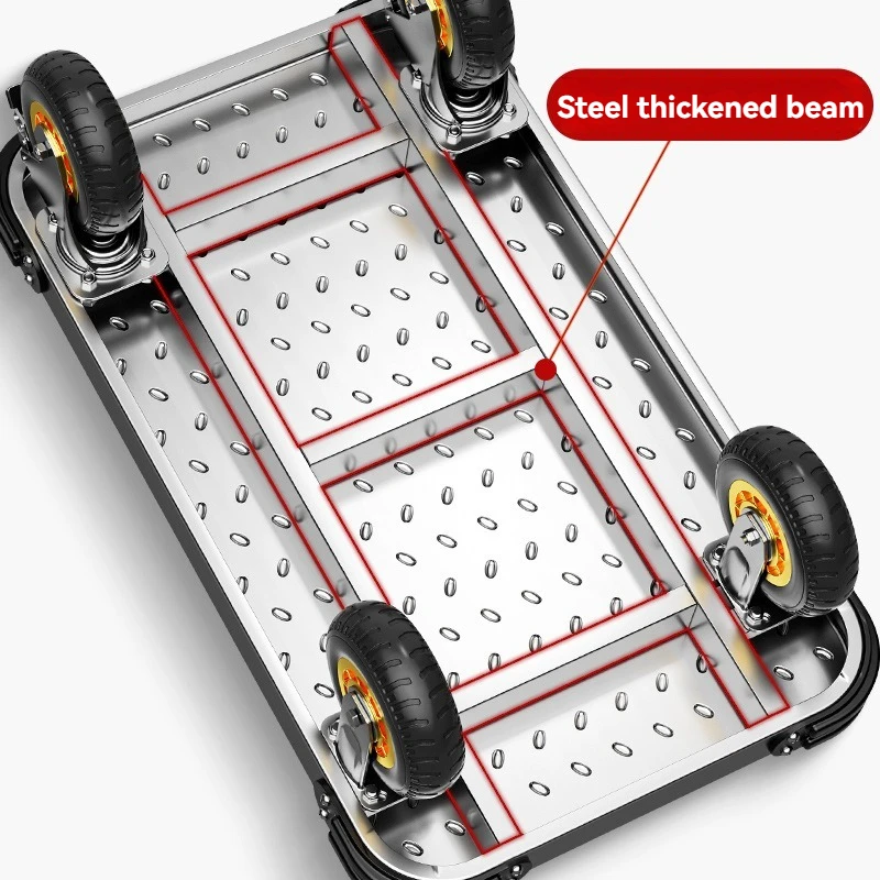 A foldable handcart capable of supporting a load of 650kg or 1500 pounds, made of steel plate material, with silent wheels