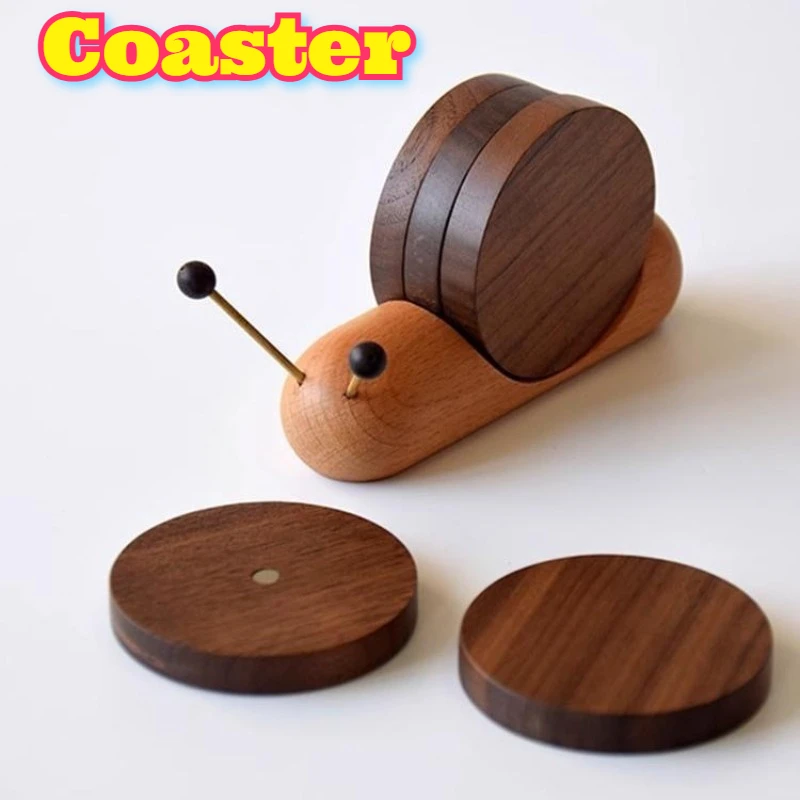 Cartoon Snail Coaster Black Walnut Wood Funny Stress Relief Drink Pad Heat Resistant Tray Stand Tea Coffee Mug Home Office Decor