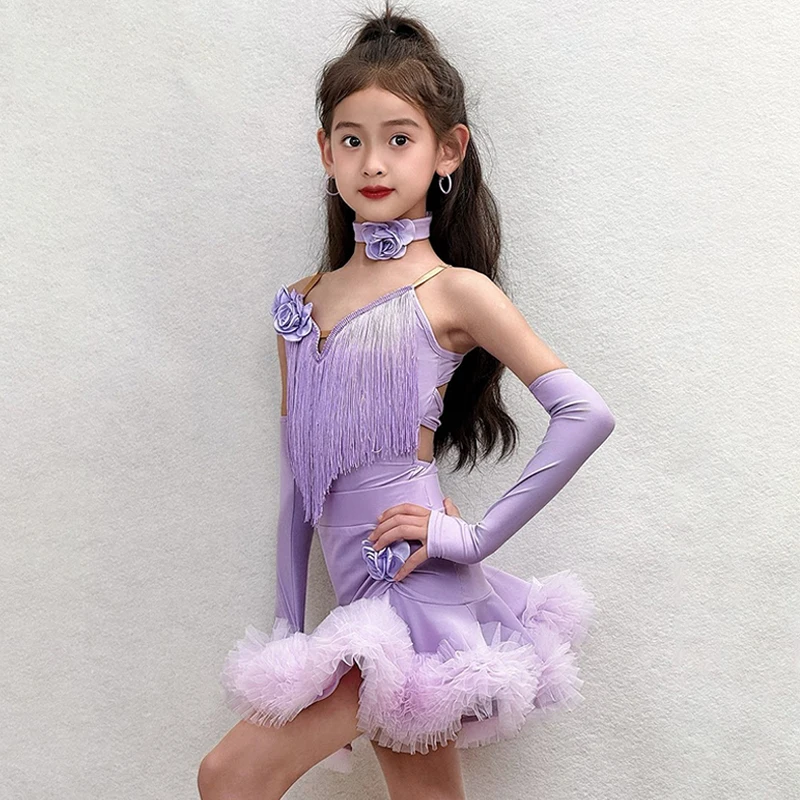 

Одежда для выступлений в латиноамериканских танцах с бахромой 2026, детская сценическая одежда для соревнований, одежда для выступлений в латиноамериканских танцах для девочек, фиолетовый цвет, VDL5381