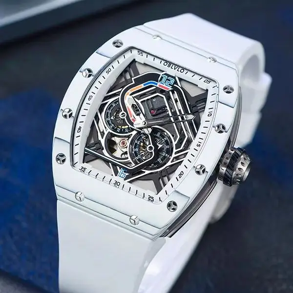 OBLVLO Men Automatic Watch Tonneau Mechanical Wristwatch Luminous Waterproof Sapphire Mirror Skeleton Race Track Dial FKM Strap