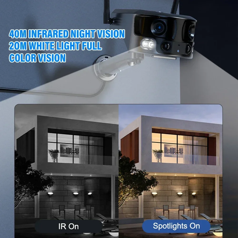 كاميرا 4K 8MP تعمل بالطاقة الشمسية بعدسة مزدوجة 4G كاميرا WIFI خارجية 180 °   كاميرا مراقبة للكشف عن الإنسان PIR ذات رؤية واسعة جدًا، كاميرا صوتية ثنائية الاتجاه