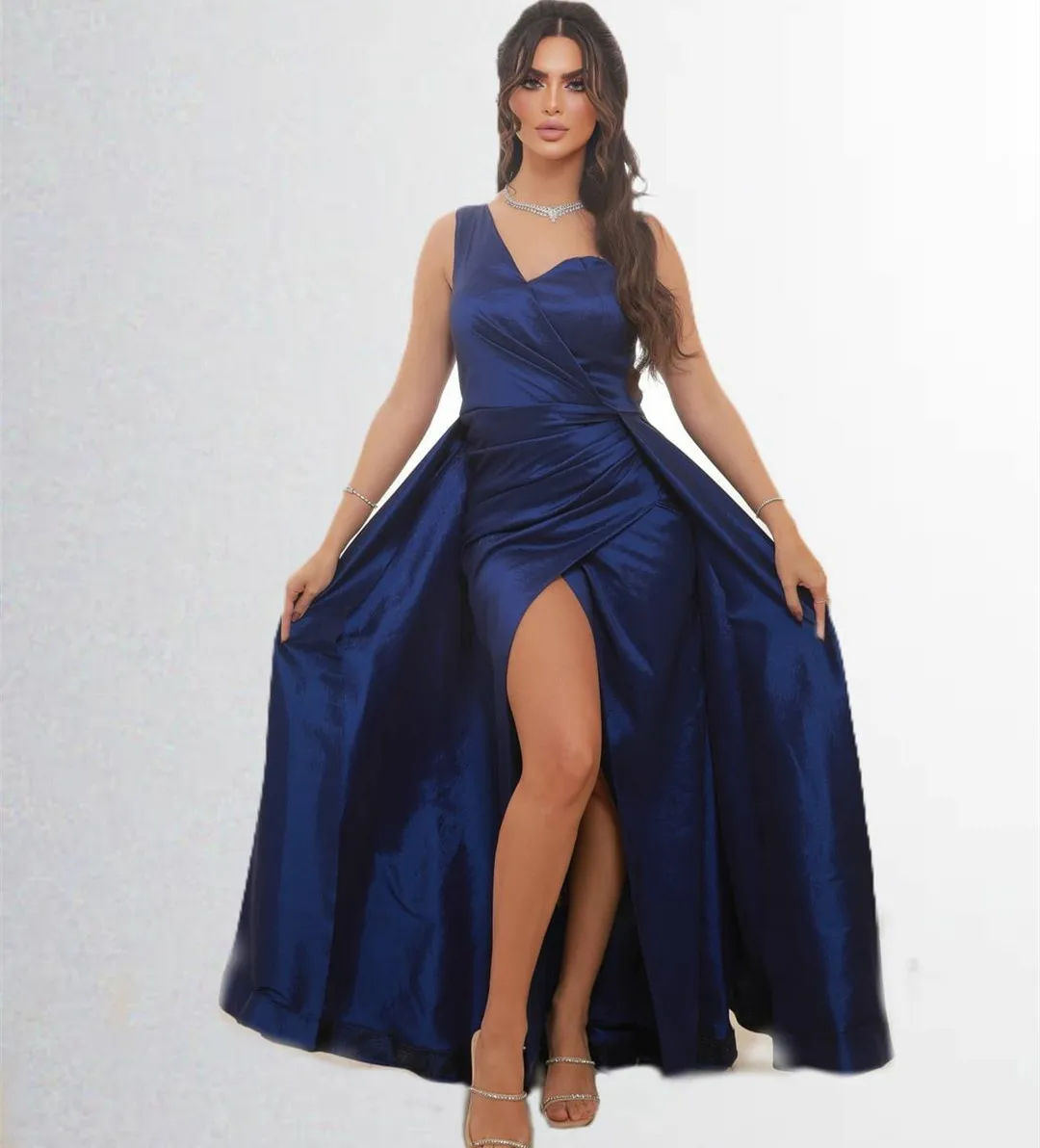 

Long Blue Muslim Evening Dresses With Slit A-Line Satin One Shoulder Zipper Back Robe De Mariée Party Gowns For Women