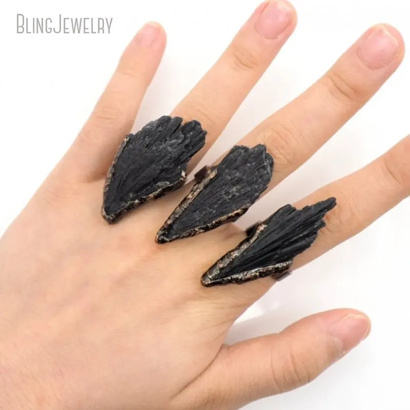 10pcs Antique Bronze Plated Tourmaline  Gemstone Women Adjustable Ring Black Goth Witch Boho Talisman Jewelry