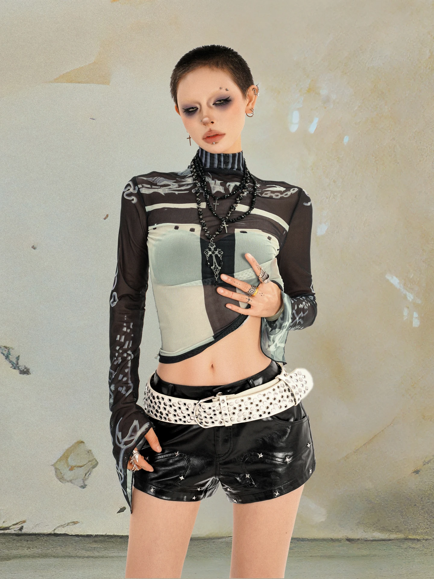 Design Hot Girl Style Semi-Transparent Mesh Long-Sleeved Top for Women Slim-Fit Letters Printed Bottoming Shirt