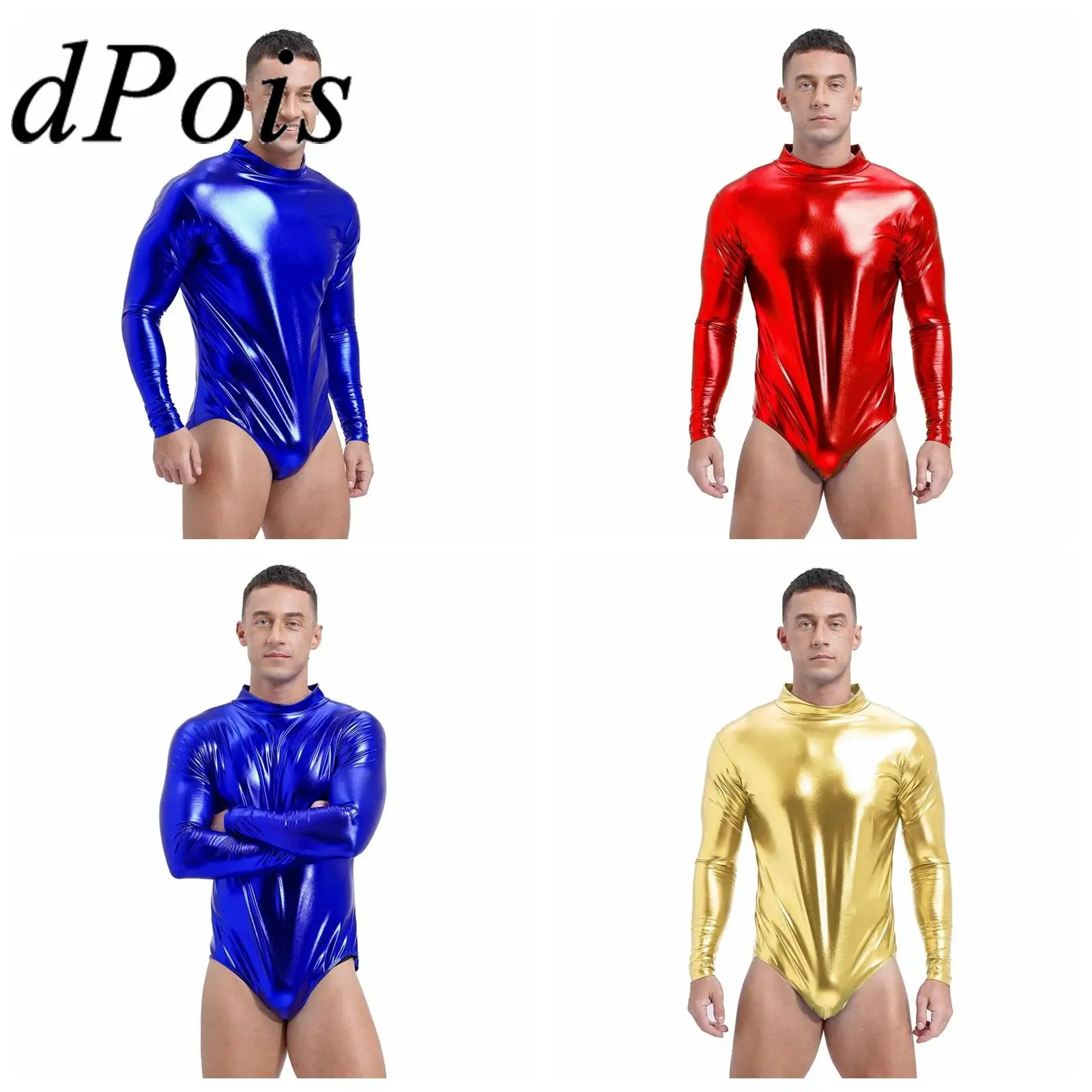 

Mens Shiny Metallic Bodysuit Mock Neck Long Sleeve Leotard Jumpsuit Stage Performance Dancing Club Dancewear Clubwear