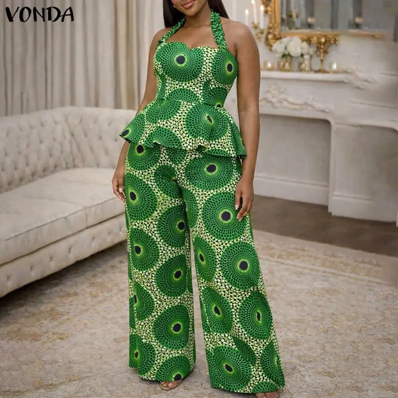 VONDA Women Plus Size Sets Elegant Summer Sleeveless Print Pant Sets Ruffles Tops Wide Leg Pants Streetwear Two-piece Outfits